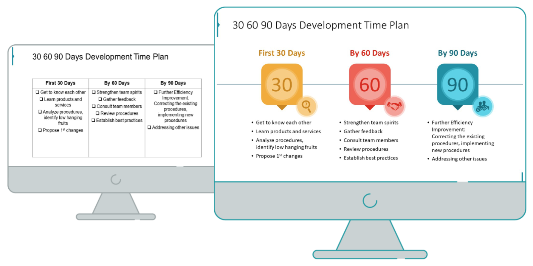 30 60 90 day plan powerpoint comparison slide