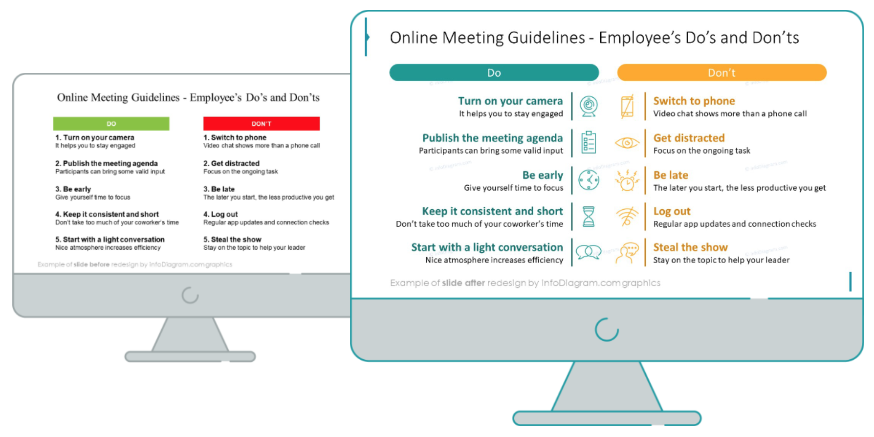 online meeting guidelines remote work powerpoint infographic comparison slide